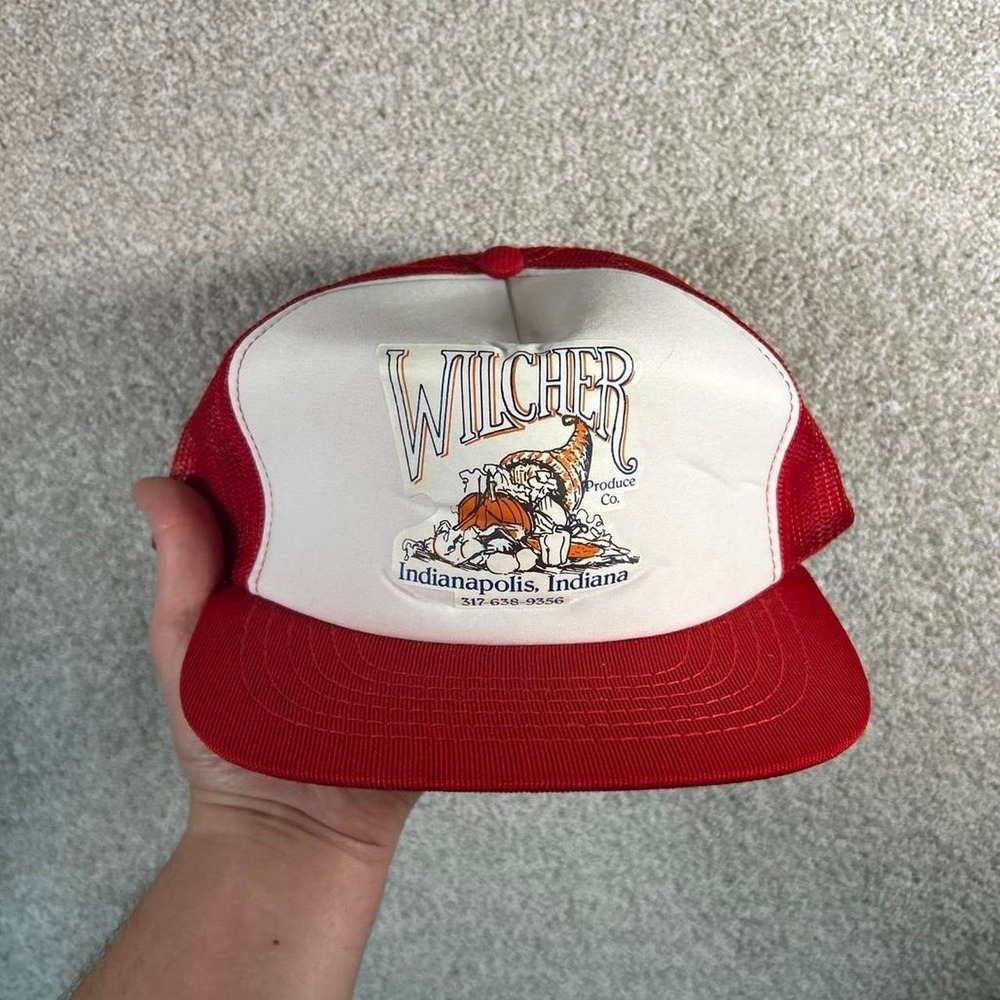 Vintage 80s white and red cornucopia mesh trucker SnapBack hat cap